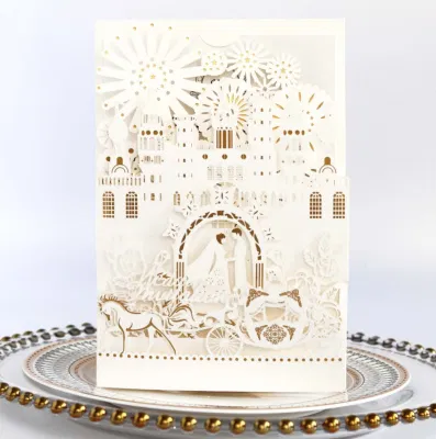 Cartão de convite de casamento 3D Castle Laser Hollowing com folha